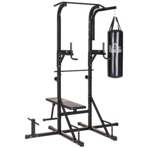 Power station med pull-up bar, multifunktionel dip station, hjemmetræningsudstyr, med boksesæk, fitness, stål, sort, 180 x 183 x 219 cm